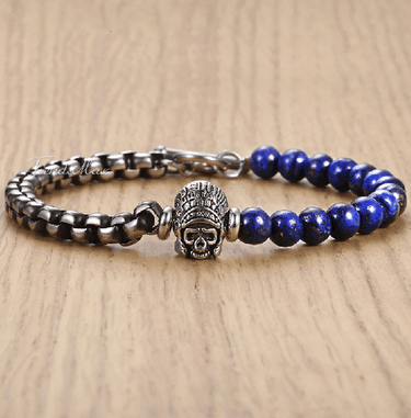 Natural Lapis Lazuli & Steel Link 2 pc Men's Skull CAREER Bracelet
